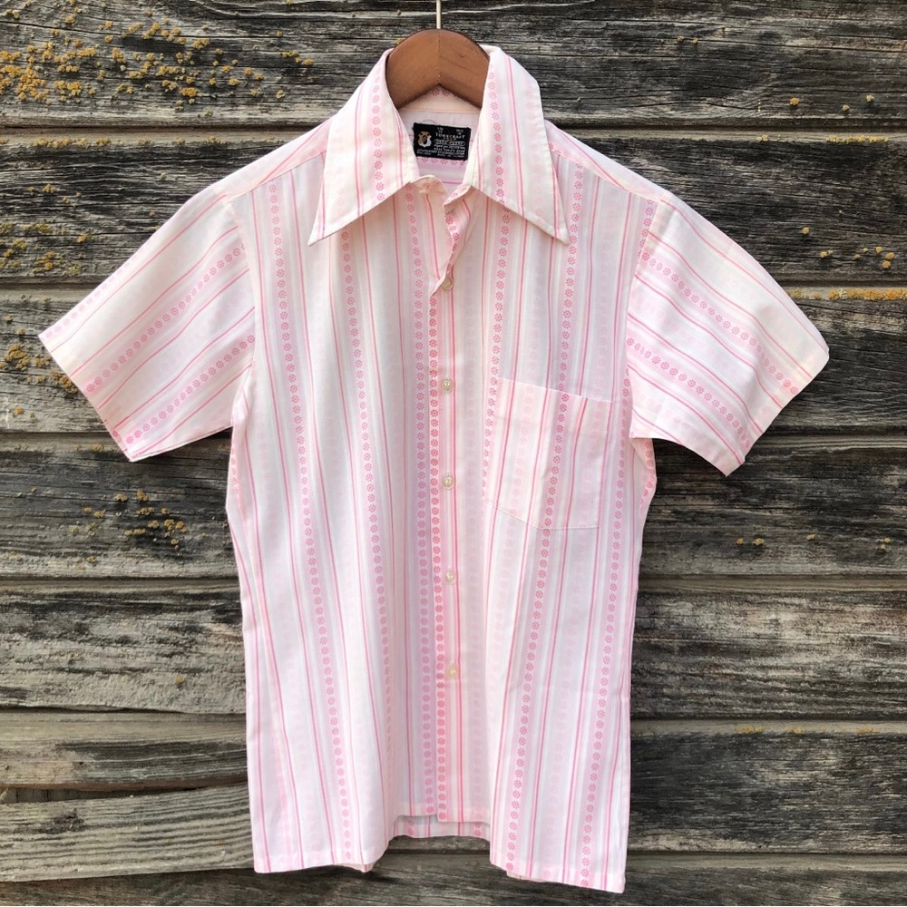 Vintage Towncraft shirt striped pink floral mod blouse Barbie groovy hippie top
